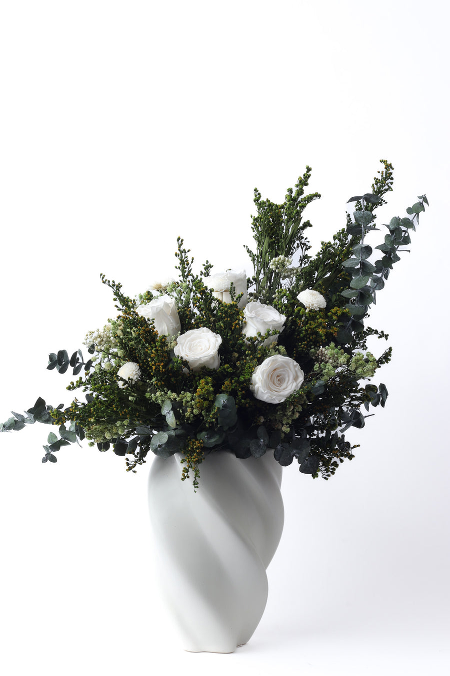 Preserved White Roses Vase | Green Eucalyptus Vase | Washi Bloom